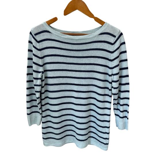 TALBOTS 100% Linen Sweater Size L Navy Light Blue Stripe - Picture 7 of 9